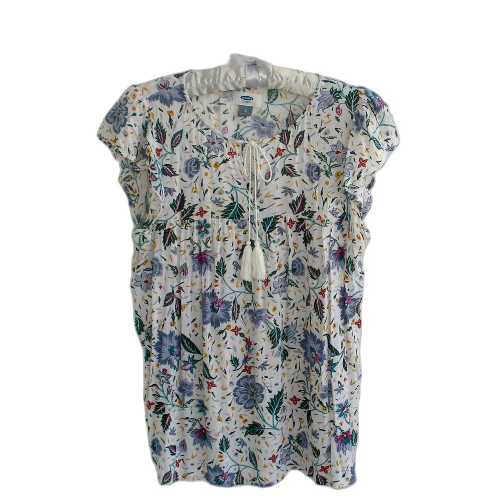 OLD NAVY Women Blouse Top Size SP Multicolor Floral White Background Tie Neck